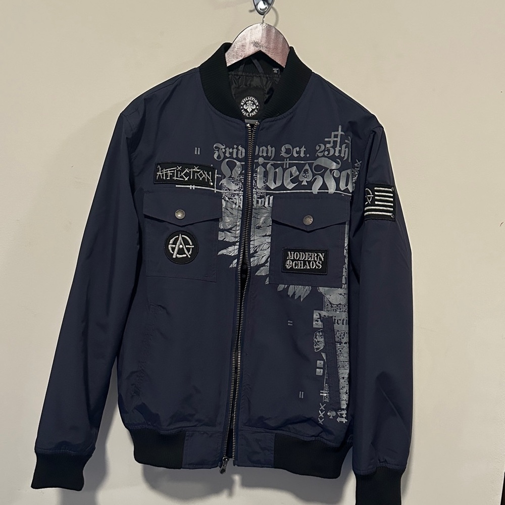 Affliction Invictus Men's Navy Bomber Jacket with Graphic Details